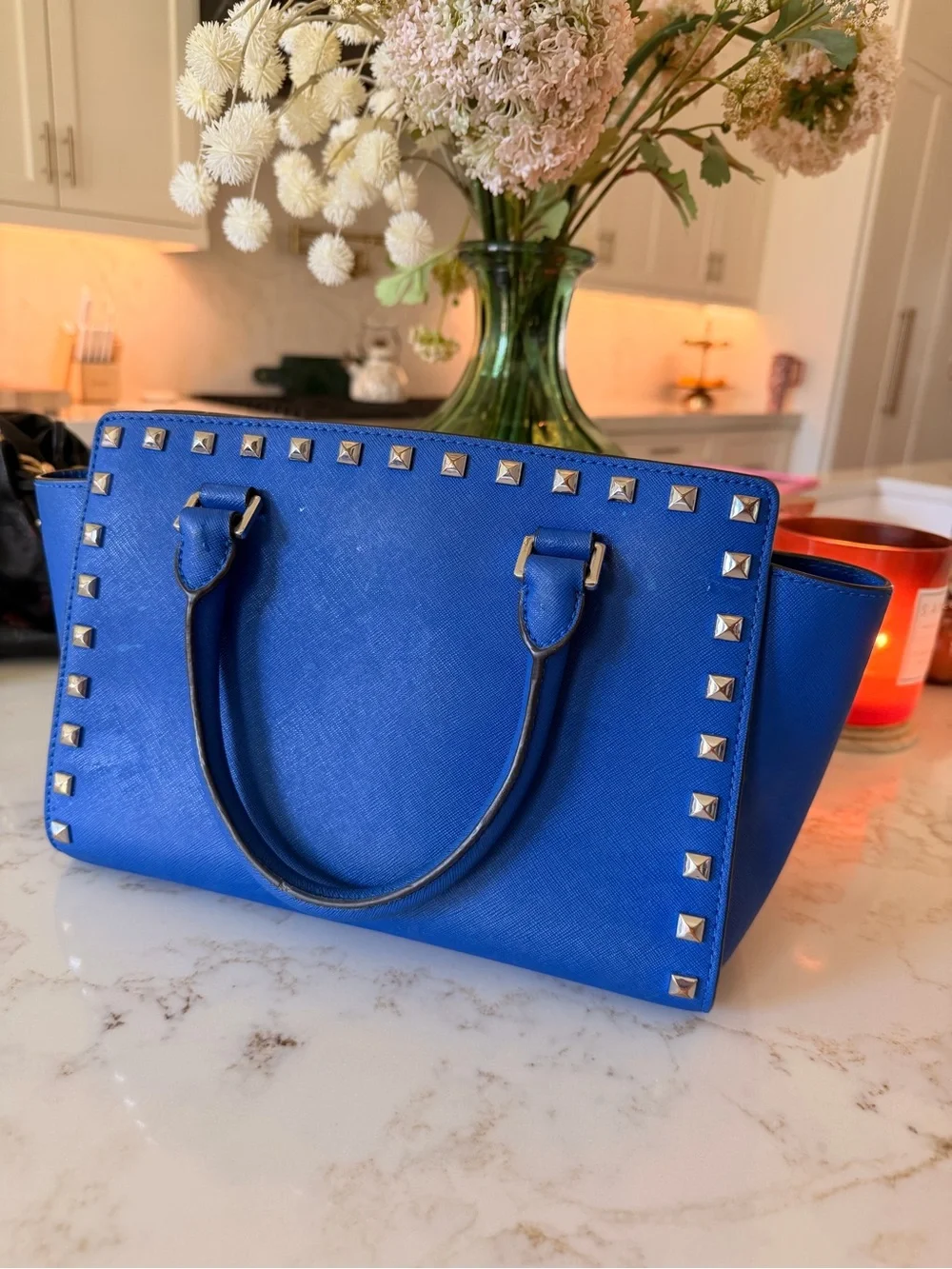 Michael Kors Royal Blue Studded Saffiano Satchel
